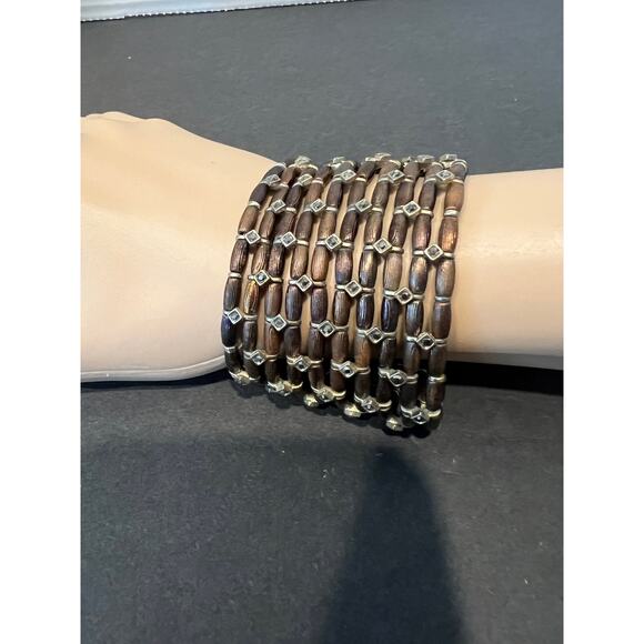 Vintage Boho Multi-Tone Bronze Metal Beaded with Rhinestones Stretch Bracelet - Picture 2 of 6